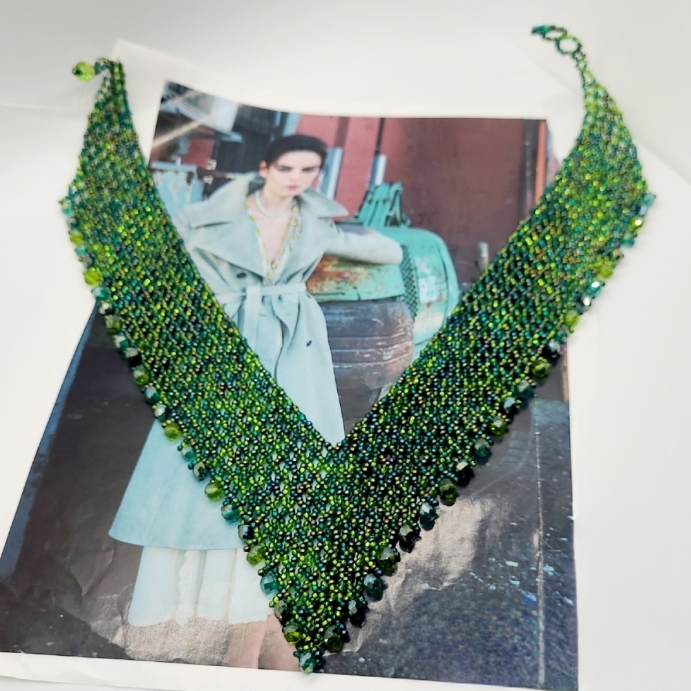 Hand Crafted Green Multi-Color Beaded V Collar Necklace